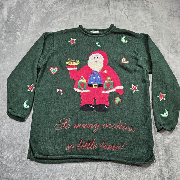 Vtg Quacker Factory Sweater Womens 1X Green Christmas So Many Cookies Santa - Picture 2 of 9